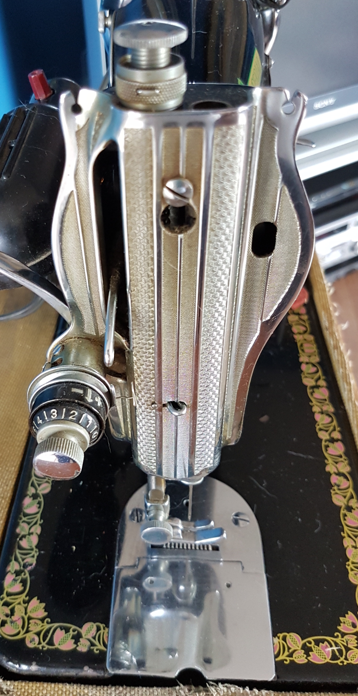 Morag's Imperial sewing machine, model 703, circa 1950, left side where you thread the machine, Saskatchewan, Canada