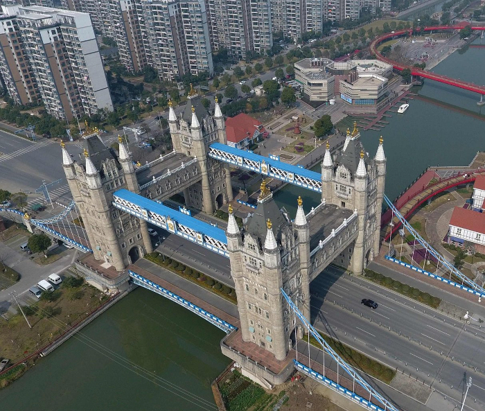 Suzhou, China's Tower Bridge is, well, a blatant ripoff of the original London Tower Bridge. This is a travesty of architecture.