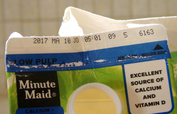 Minute Maid carton date stamps. Toronto, Canada. Photo by Don Tai