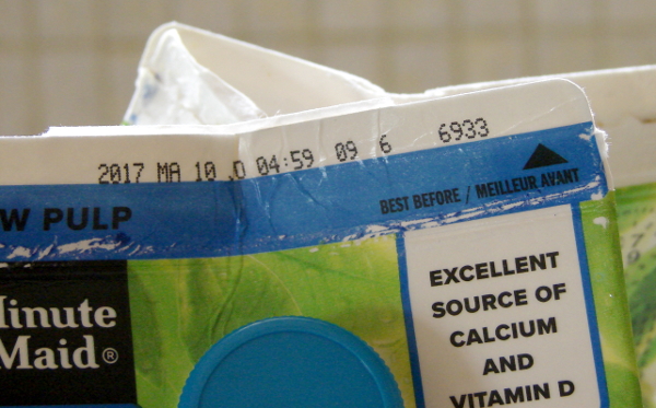 Minute Maid carton date stamps. Toronto, Canada. Photo by Don Tai