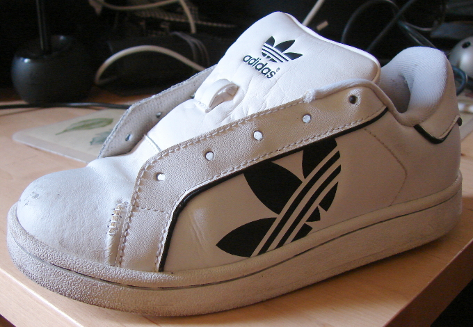 Adidas Evolution EVN 791001 in white, tonguectomy and repair of leather split near the little toe. Toronto, Canada. Photo 1 by Don Tai