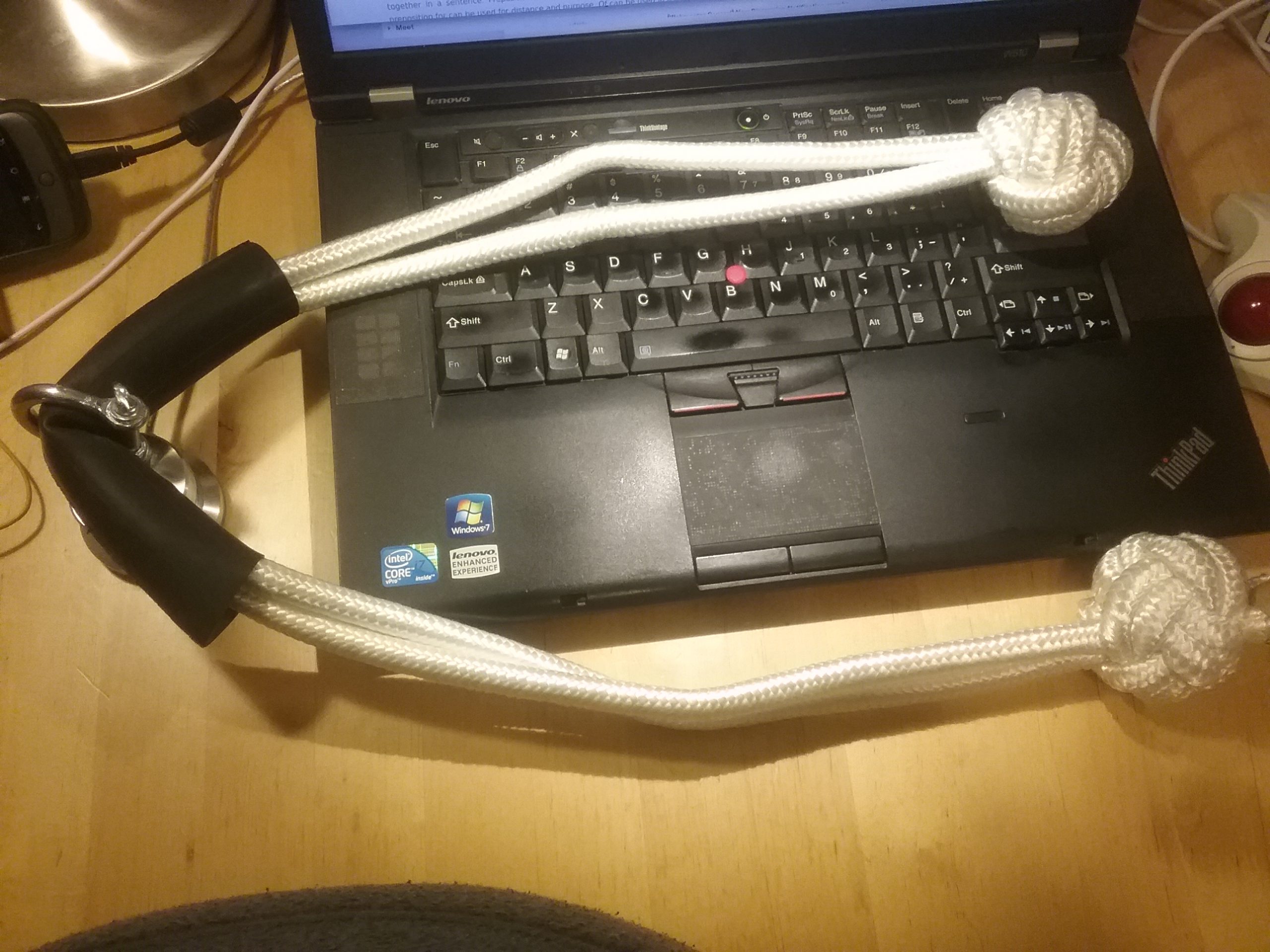 Lat pulldown rope, or triceps rope, for use on a cable strength training machine, home made, 39" long. Photo by Don Tai