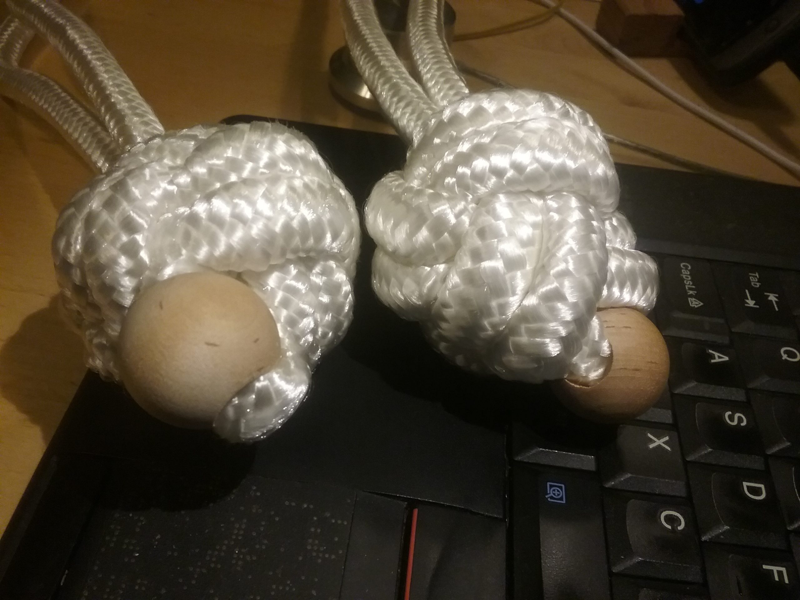 Lat pulldown rope, or triceps rope, for use on a cable strength training machine, home made, 39" long. Knot ends. Photo by Don Tai