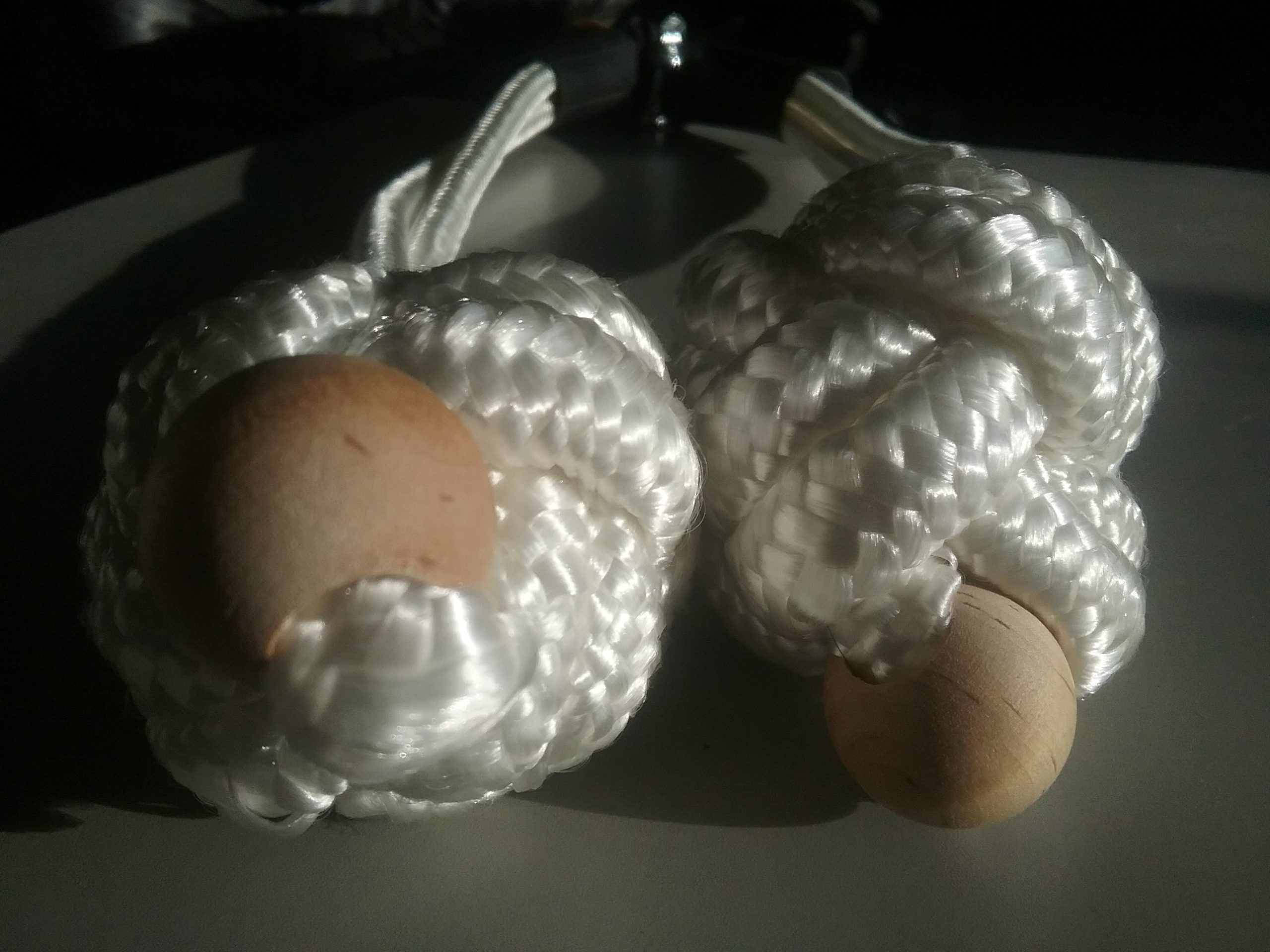 Lat pulldown rope, or triceps rope, for use on a cable strength training machine, home made, 39" long. Knot ends. Photo by Don Tai