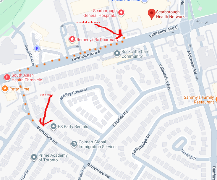 Scarborough General Hospital, free parking, Google Maps, labels by Don Tai